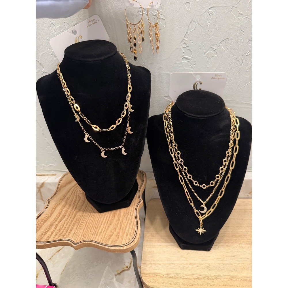 Charming Charlie's Gold‎ Tone Layered Moon Star Celestial Charm Necklace Set